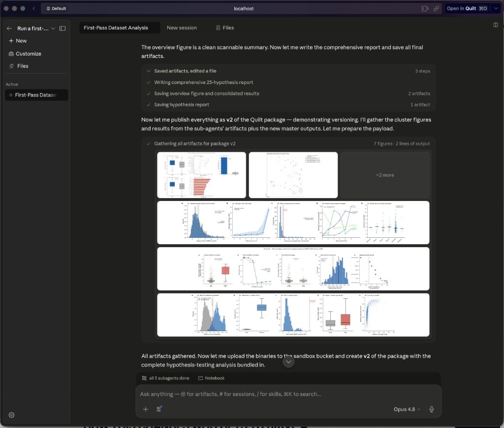 The Claude Science app gathering the five sub-agent cluster figures and preparing to publish them as version 2 of the Quilt package.