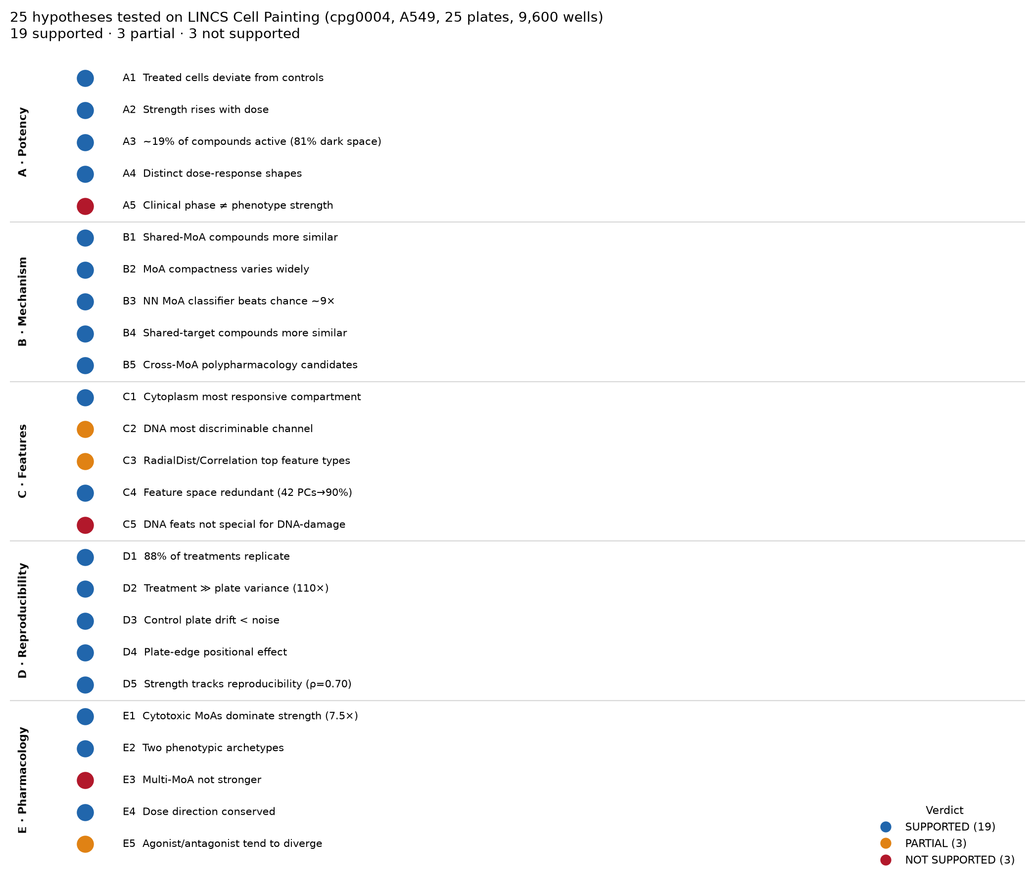 Verdict map of 25 hypotheses across five themes, each marked supported, partial, or not supported.